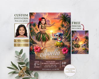 Invito personalizzato con foto di Stitch, festa di compleanno a tema tropicale Luau, stampabile in digitale (12,7 x 17,8 cm)