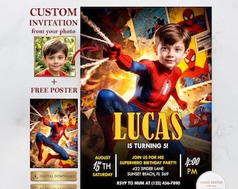 Invito personalizzato con foto di Spiderman, invito di compleanno a tema supereroi, poster gratuito (download digitale)