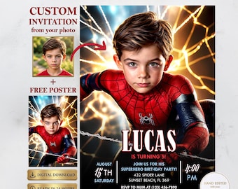 Invito personalizzato con foto di Spiderman, poster per festa di compleanno a tema supereroi (download digitale)