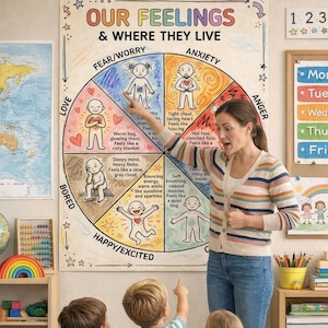 May include: A classroom scene with a teacher pointing at a chart titled "Our Feelings & Where They Live." The chart illustrates emotions like fear, anxiety, and love. Children are gathered around, looking at the chart.