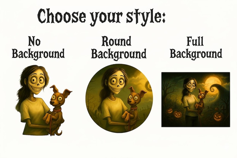 Peut inclure: Illustration d'un personnage de dessin anim&eacute; avec un chien, pr&eacute;sent&eacute;e en trois styles d'arri&egrave;re-plan : sans arri&egrave;re-plan, arri&egrave;re-plan rond et arri&egrave;re-plan complet. Le texte "Choisissez votre style :" est en haut.