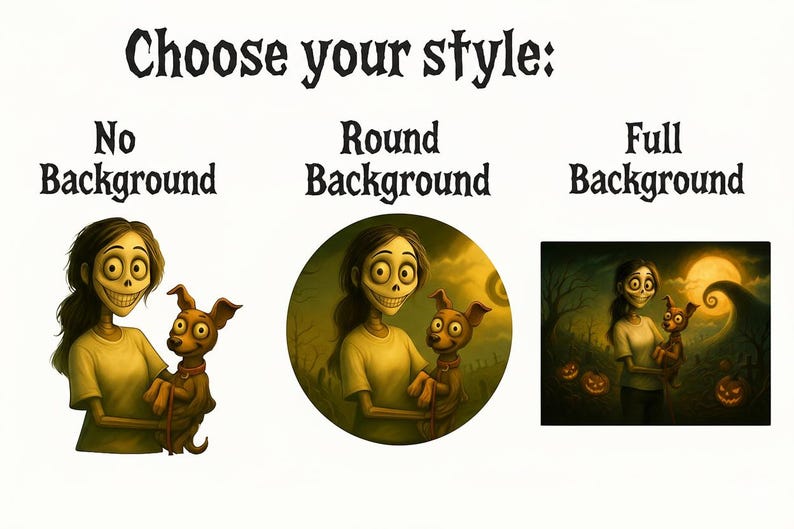 May include: An illustration of a cartoon character and a dog, with three background options: no background, round background, and full background. The text "Choose your style:" is at the top.