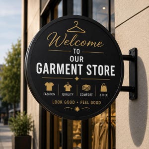 May include: A circular black wall-mounted sign with gold and white text reading Welcome to our GARMENT STORE. It features a hanger icon, four small icons representing fashion, quality, comfort, and style, and the text LOOK GOOD • FEEL GOOD.