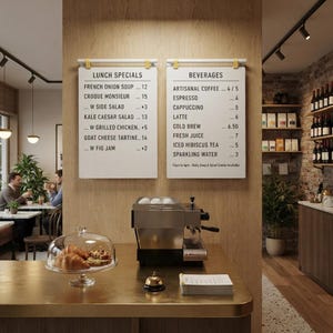 Op de afbeelding: Twee witte rechthoekige menuborden met zwarte tekst gemonteerd op een lichte houten wand. Het linkerbord toont lunchspecials, het rechterbord dranken. Een roestvrijstalen espressomachine, een glazen stolp met gebak en een bel staan op de toonbank.