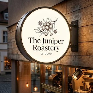May include: A circular, illuminated wall-mounted sign with a black frame. The white face features a black line-art illustration of juniper berries and star anise, with the text "The Juniper Roastery" and "ESTD 2024" printed in a serif font.