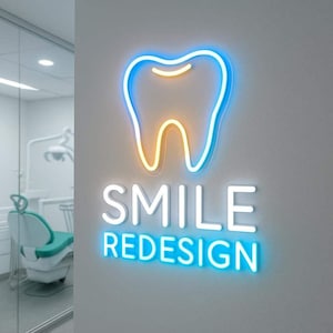 Puede incluir: Un letrero de neón con el contorno de un diente en azul y amarillo. Debajo, las palabras "SMILE REDESIGN" se iluminan en blanco y azul. El letrero está montado en una pared gris, lo que sugiere una clínica dental.