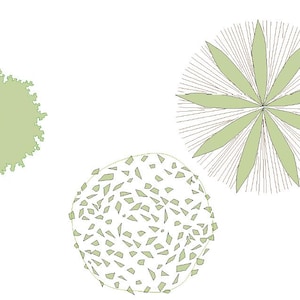 May include: An illustration of three different plant designs. One is a top-down view of a tree with a rounded, textured canopy. Another is a circular design with radiating lines and leaf-like shapes. The third is a circular design with irregular shapes.