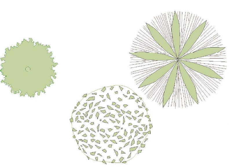 May include: An illustration of three different plant designs. One is a top-down view of a tree with a rounded, textured canopy. Another is a circular design with radiating lines and leaf-like shapes. The third is a circular design with irregular shapes.