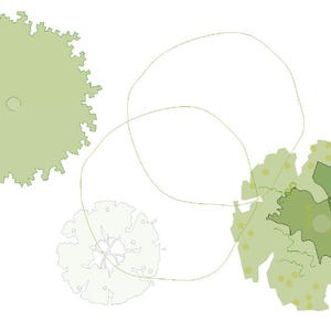 May include: An abstract illustration featuring several stylized tree-like shapes in varying shades of green. The design includes interconnected circular and oval forms, with a clean, white background. The overall aesthetic is minimalist and nature-inspired.