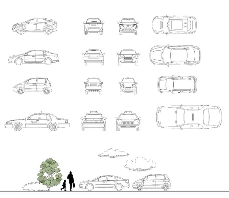 Revit 2023 2D Car Families (4 Cars) | Detail Item RFA | 4 Views (Top ...