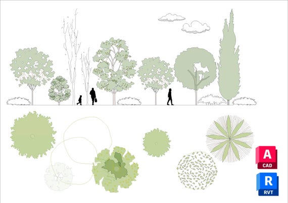 SET 02 Revit & AutoCAD 2D Trees Set (6 Models) – CAD Blocks for Architects, Landscape, BIM Projects (Revit 2023) Arbol y arbustos