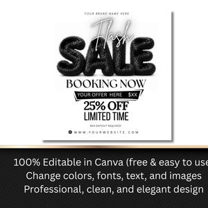May include: A digital graphic template featuring the text Flash SALE in large black textured letters, followed by BOOKING NOW, YOUR OFFER HERE $XX, 25% OFF LIMITED TIME, $XX DEPOSIT REQUIRED, and WWW.YOURWEBSITE.COM on a white background.