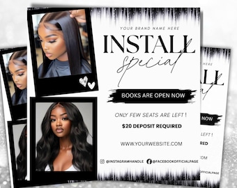 May include: A promotional flyer featuring two polaroid-style photos of individuals with long dark hair. The text reads: YOUR BRAND NAME HERE, INSTALL SPECIAL, BOOKS ARE OPEN NOW, ONLY FEW SEATS ARE LEFT!, $20 DEPOSIT REQUIRED, WWW.YOURWEBSITE.COM.