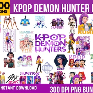 Pode incluir: Uma coleção de designs PNG KPOP Demon Hunter. A imagem apresenta várias ilustrações de personagens em estilo anime, logotipos e elementos de texto, incluindo "1200 DESIGNS", "INSTANT DOWNLOAD" e "300 DPI PNG BUNDLE". A paleta de cores inclui roxo, amarelo e rosa.
