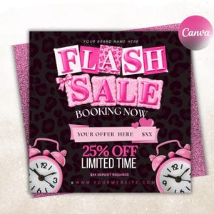 May include: A square promotional graphic with a black leopard print background featuring the pink text FLASH SALE, BOOKING NOW, 25% OFF LIMITED TIME, and YOUR OFFER HERE $XX. Two pink alarm clocks are positioned at the bottom corners.