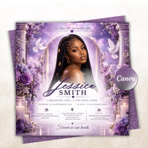 May include: A funeral program template featuring a portrait of a person with braided hair, framed by purple flowers, white doves, and classical columns. Text includes IN LOVING MEMORY OF JESSICA SMITH, A BEAUTIFUL SOUL, A LIFE WELL LIVED.