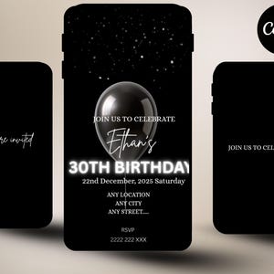Op de afbeelding: Zwart smartphone-vormig uitnodigingsontwerp voor een 30e verjaardag. De centrale afbeelding toont een zwarte ballon met de naam "Ethan's" en evenementdetails. Het ontwerp bevat de tekst "You're invited" en "Join us to celebrate".