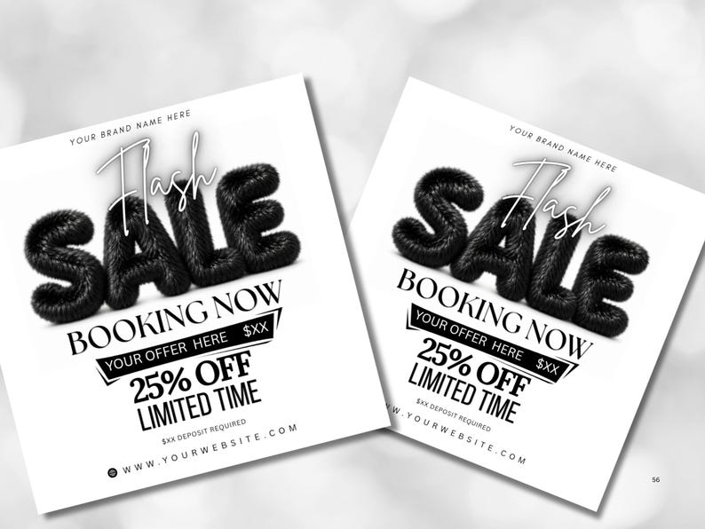 May include: A square promotional graphic featuring the text Flash SALE BOOKING NOW YOUR OFFER HERE $XX 25% OFF LIMITED TIME $XX DEPOSIT REQUIRED WWW.YOURWEBSITE.COM. The word SALE is rendered in a bold, black, textured, three-dimensional font.