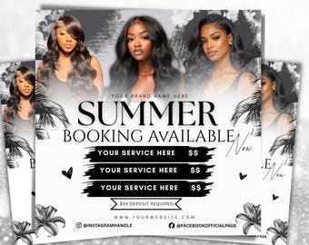 May include: A promotional flyer template featuring three images of individuals with long dark hair, black palm leaf and floral graphics, and the text: YOUR BRAND NAME HERE, SUMMER BOOKING AVAILABLE, YOUR SERVICE HERE, $XX DEPOSIT REQUIRED.