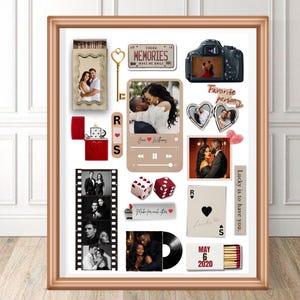 Pode incluir: Uma colagem emoldurada com várias lembranças românticas. Inclui fotos, uma câmera, uma chave, dados, um disco e cartas de baralho. O esquema de cores é quente, com foco em vermelhos, marrons e bege. O texto inclui "Memories" e "May 6 2020".
