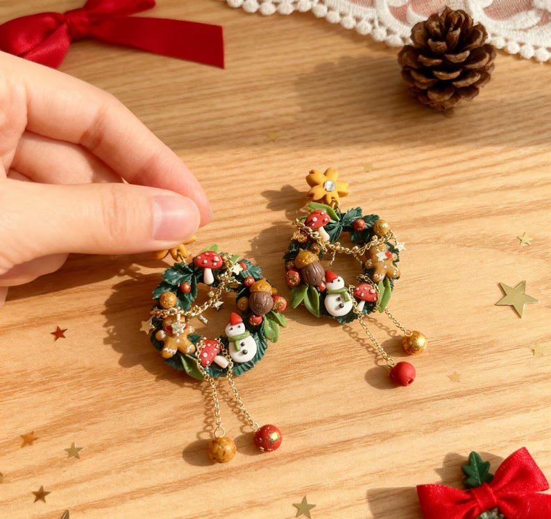 Handmade Christmas Clay Earrings: 925 Silver Needle Statement Jewelry image 5