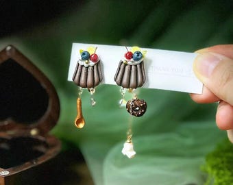 Handmade Clay Canele Earrings, Whimsical Chocolate Cake & Donut Jewelry, Asymmetrical Floral Food-inspired Earrings
