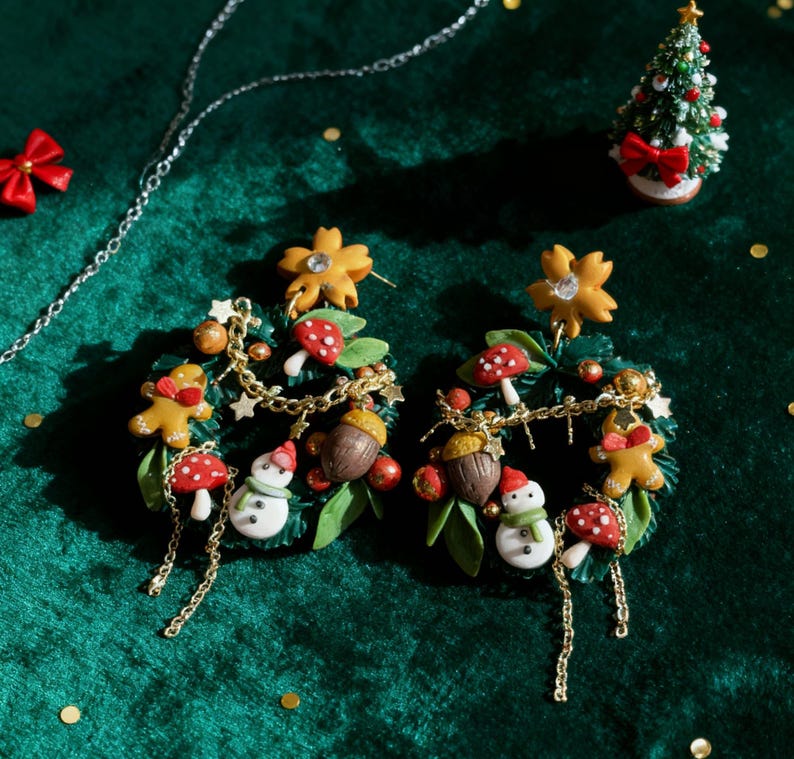 Handmade Christmas Clay Earrings: 925 Silver Needle Statement Jewelry image 6