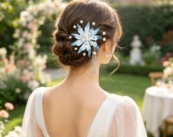 Wedding Flower Hair Comb, Blue White Floral Tassel Hair Pin with Silver Drop, Bridal Hair Accessory, Floral Updo Ornament