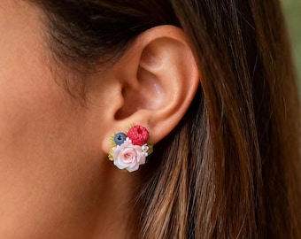 Handmade Clay Raspberry Flower Earrings: 925 Silver Posts