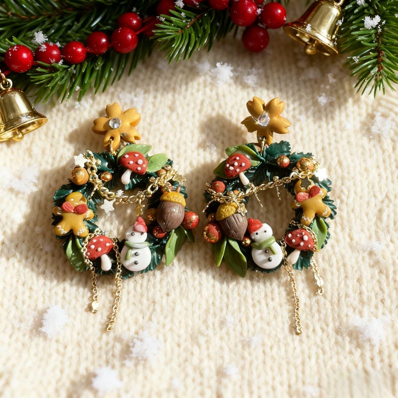Handmade Christmas Clay Earrings: 925 Silver Needle Statement Jewelry image 4