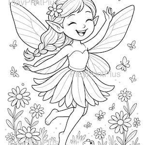 Könnte beinhalten: Schwarz-Weiß-Illustration einer lächelnden Fee mit großen Flügeln, einer Blume im Haar und einem Blütenblattrock. Schmetterlinge, Bienen, Blumen und ein Frosch umgeben die Fee und schaffen eine skurrile Szene.
