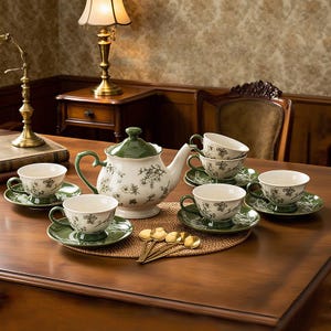 Green Vintage Porcelain Tea Set, Ceramic Teapot Cup Saucer Set, Floral Coffee Set, Afternoon Tea Set, Gift For Tea Or Coffee Lovers