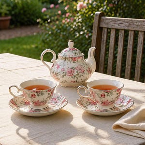 Juego de té de cerámica hecho a mano, juego de café estilo cottagecore, tetera floral, elegante juego de té de la tarde, taza y platillo de té negro, taza de café, regalo de boda