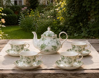 Elegante conjunto de chá em porcelana verde, serviço de chá de luxo, com bule e xícaras, xícara de café, conjunto de chá para festa no jardim, presente para chá de panela.