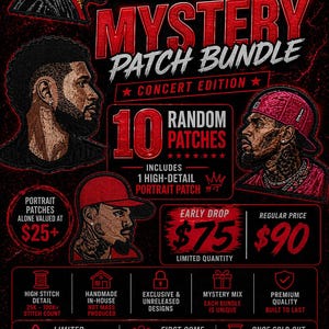 May include: A promotional graphic for a "Chris Brown x Usher Mystery Patch Bundle" featuring portraits of the artists. The red and black design includes text, "10 Random Patches," and details about the product, including "Concert Edition."