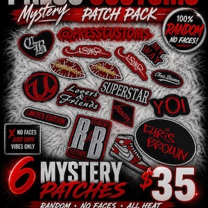May include: A promotional poster for Press Customs featuring a variety of embroidered patches. The patches include text and graphics, such as lips, hearts, and a sneaker. The poster advertises a mystery patch pack with six random patches.