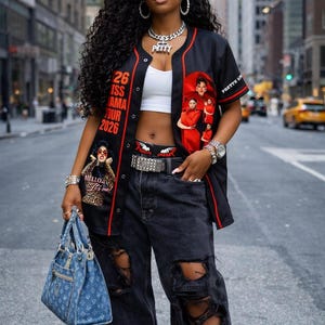 May include: Black baseball jersey with red trim, featuring graphics and text. The jersey is paired with distressed black jeans, a white crop top, and a denim handbag. Accessories include silver jewelry and a studded belt.
