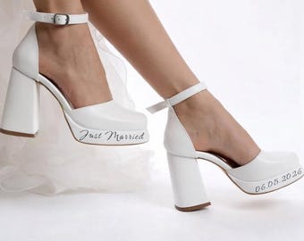 Custom White Bridal Platform Heels Closed Toe Chunky Heel Personalized Wedding Date Bride Shoes
