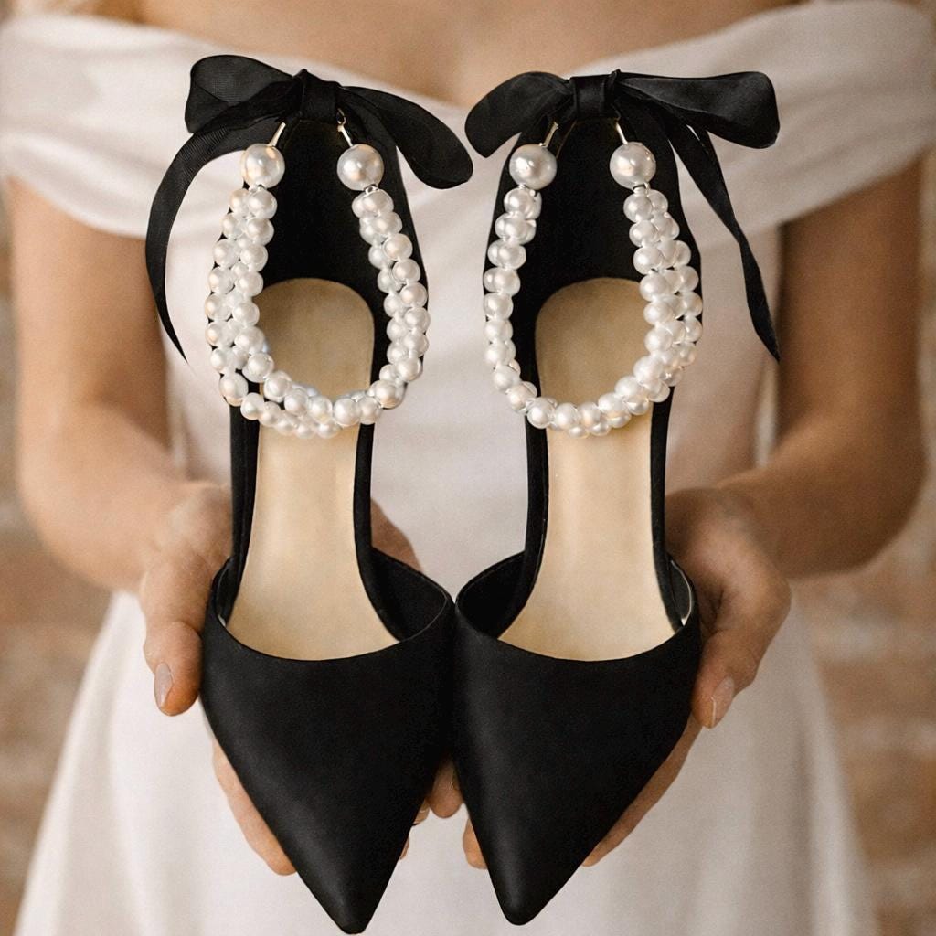 black dress heels for wedding Bridal black glitter heels closed toe ✨ 2026 Bridesmaid Dresses A1023 or elegant dresses. color:Red Brooch