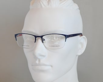 HUGOCONTI 8123 half rimless Eyeglasses. NOS. Dead stock Eyewear. Unworn. Man. Rounded Square. Regular size 55-19 140. 2010s Italy. Navy, red