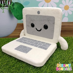 Kawaii laptop plushie with smiling screen, perfect cute computer plush for office decor