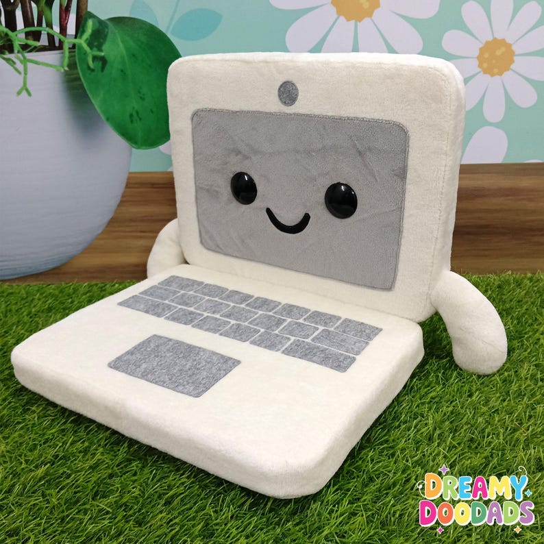 Kawaii laptop plushie with smiling screen, perfect cute computer plush for office decor