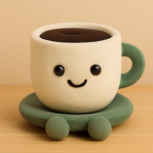 以下が含まれることがあります： 笑顔の顔、黒い目、曲がった口が付いた、気まぐれなコーヒーカップ。 カップはオフホワイトで、グリーンのハンドルが付いており、2つのグリーンの球が付いたグリーンのソーサーの上に置かれています。 カップは濃い茶色の液体で満たされています。