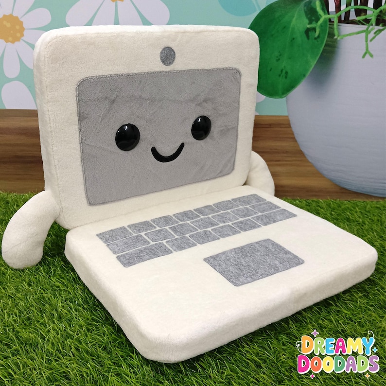 Soft laptop plush named Lappyboo – kawaii computer plush, novelty office decor, stuffed laptop toy, and unique plush gift for engineers or coders.