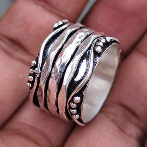 Handcrafted Sterling Silver Spinner Ring – Layered Wave & Beaded Textured Band – Wide Boho Fidget Ring for Women – Anxiety Relief Jewelry
