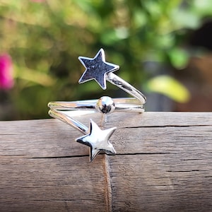 Doppelstern-verstellbarer Ring | Sterling Silber Offener Stern Ring | Himmlischer Schmuck | Stern Wickelring | Stern Geschenk für sie