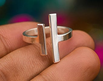 Sterlingzilveren verstelbare staafring | Minimalistische geometrische moderne sieraden
