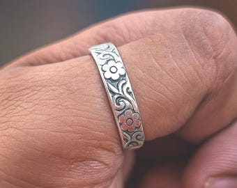 Bague Argent Massif 925 – Jonc Alliance Fleurs – Taille 58 – Vintage