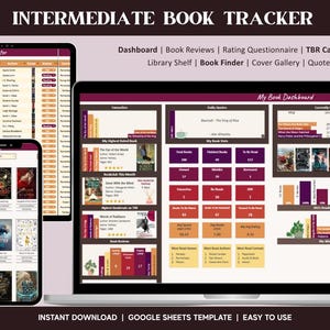Könnte beinhalten: Ein digitaler Buch-Tracker, der auf einem Laptop, Tablet und Smartphone angezeigt wird. Die Oberfläche bietet ein Dashboard, Buchbesprechungen und eine Cover-Galerie. Der Text "Intermediate Book Tracker" und "Vintage Theme" sind sichtbar. Das Design beinhaltet eine Google Sheets-Vorlage.