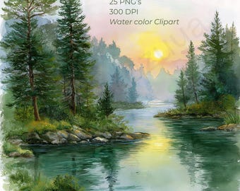 25 Lake Landscape Clipart, Nature Scrapbooking Paper Crafts JPG, Watercolor River View Printable Images, Forest Landscape Digital Download